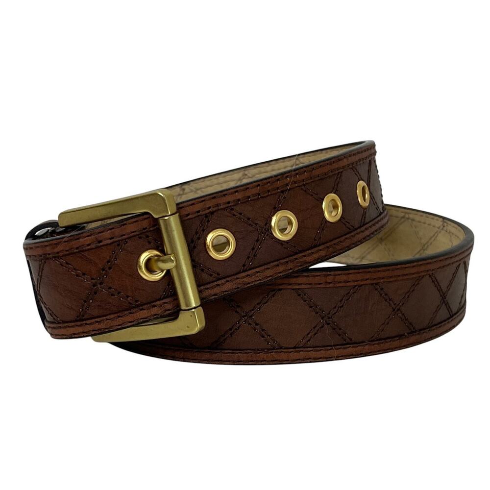 Mens Brown 100% Leather Belt Size Large Stitched Leather Goldtone Buckle Western